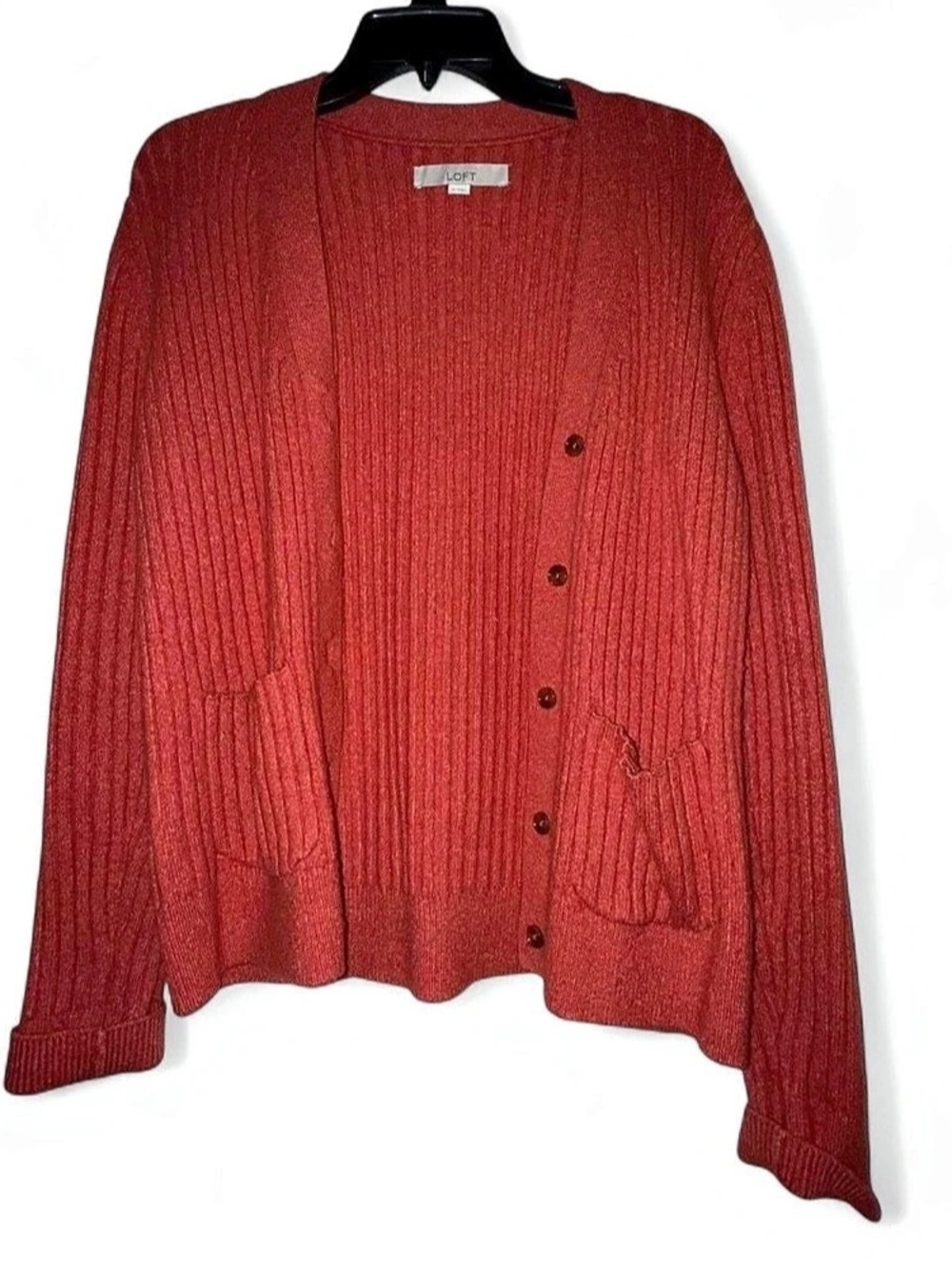 LOFT Ribbed Button Front Cardigan in Burnt Orange Size Medium